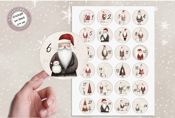 24 Stück zuckersüße Adventskalenderaufkleber Sticker Hygge Santa Nikolaus Vintage Weihnachten  /4cm rund mit-oder ohne 24 Beutelchen aus Kraftpapier